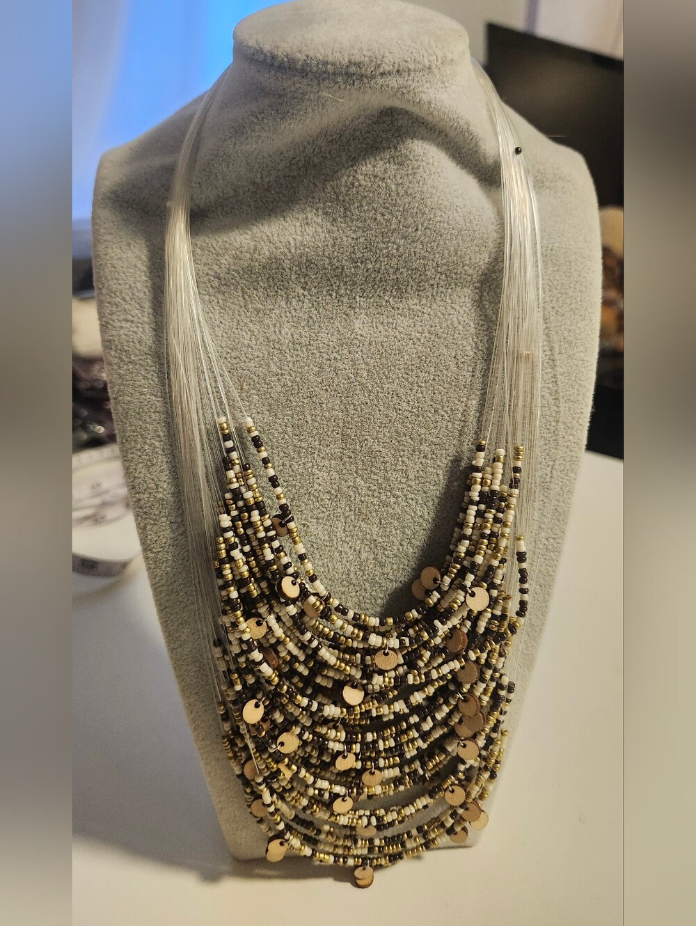 Multi-Strand Beaded Statement Necklace - Tan/brownTones